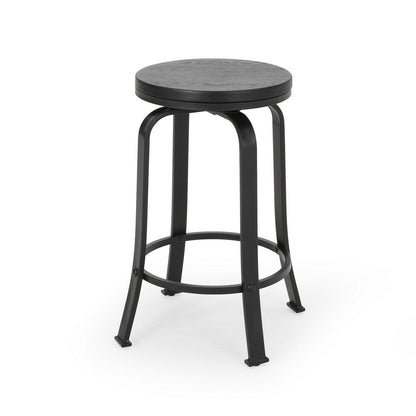 Benjara Lni Swivel Counter Stool Set of 2, Faux Wood Seat w Curved Black Metal