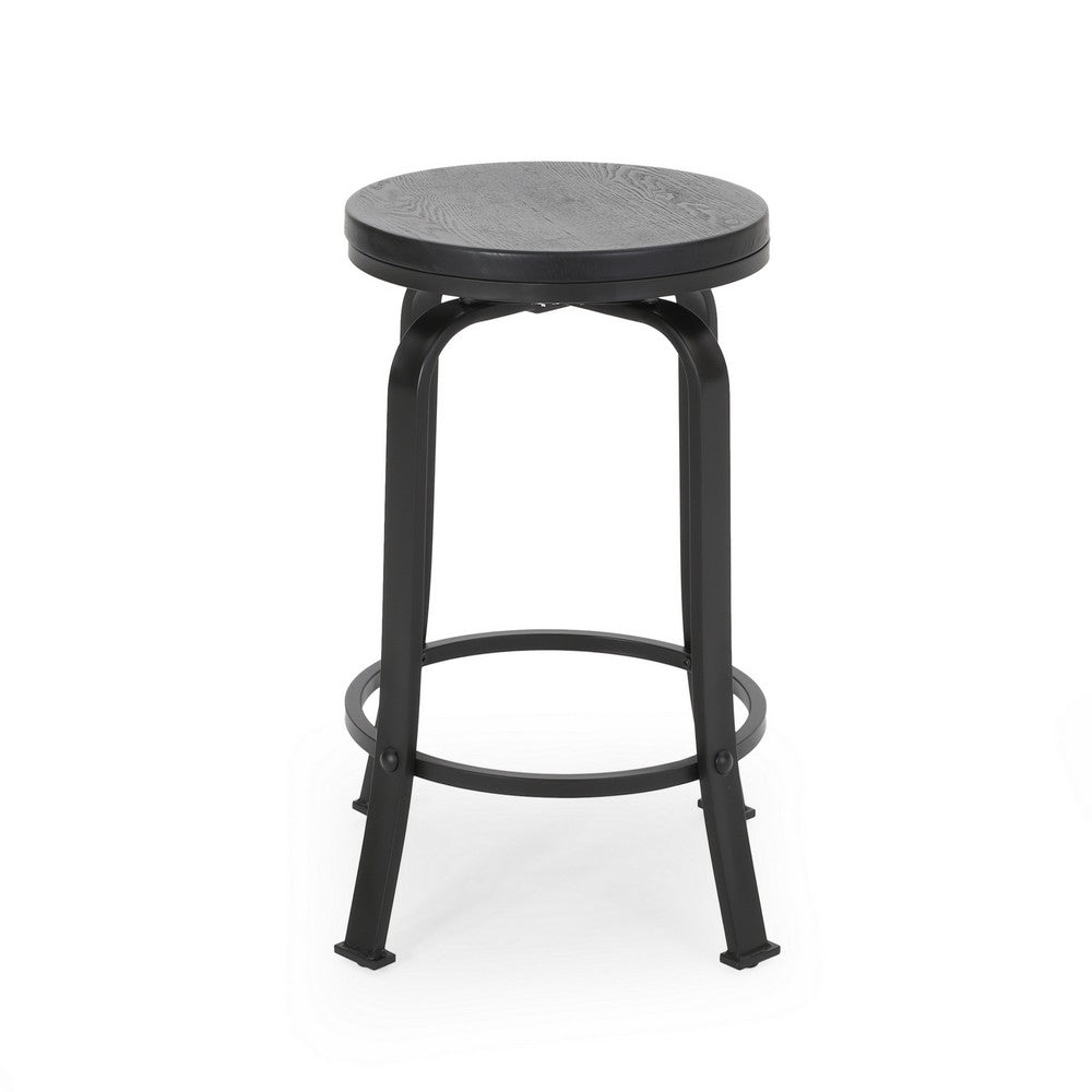 Benjara Lni Swivel Counter Stool Set of 2, Faux Wood Seat w Curved Black Metal