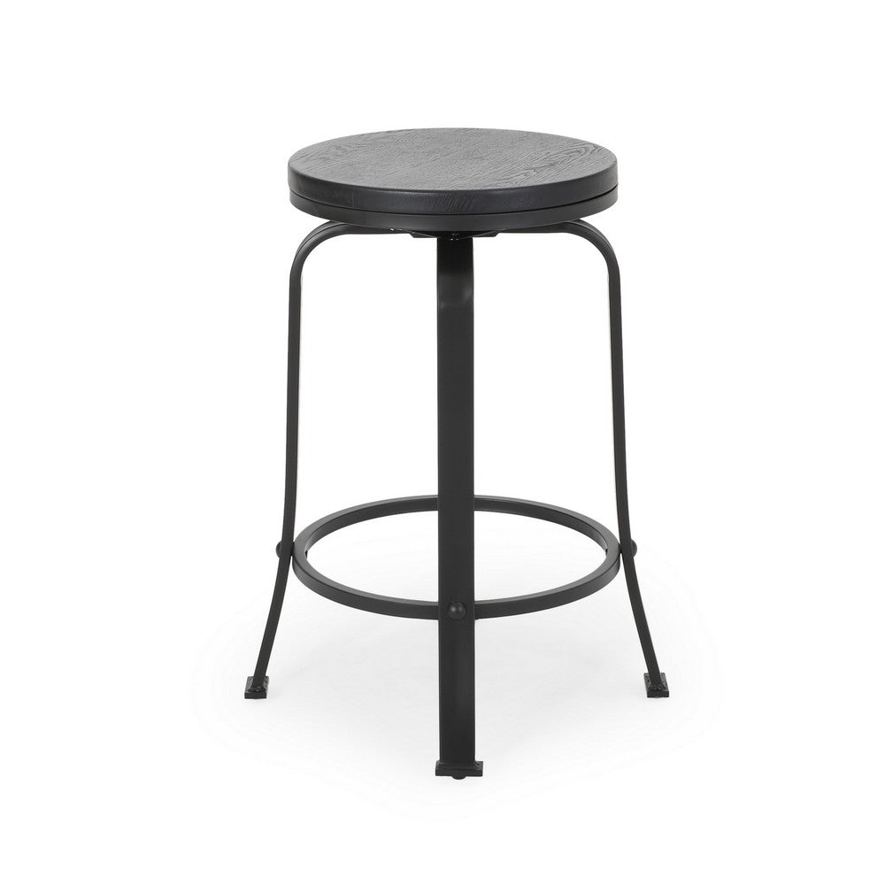 Benjara Lni Swivel Counter Stool Set of 2, Faux Wood Seat w Curved Black Metal