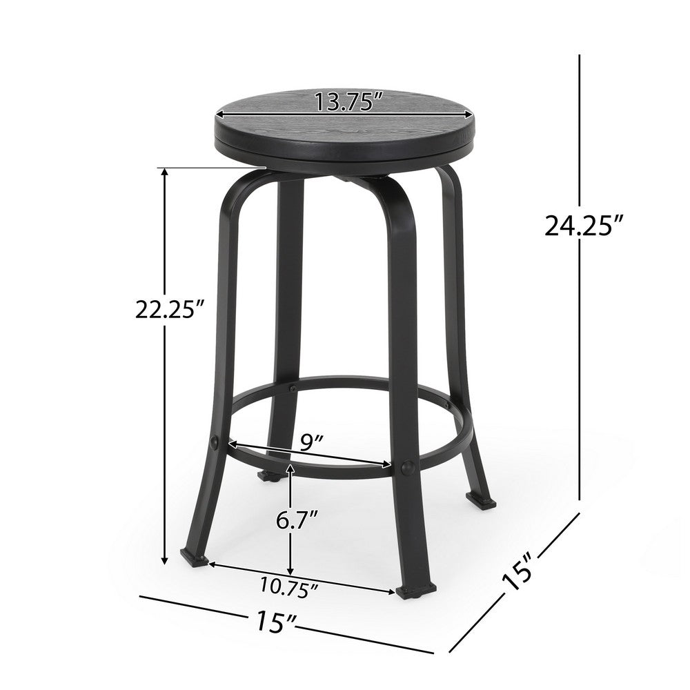 Benjara Lni Swivel Counter Stool Set of 2, Faux Wood Seat w Curved Black Metal