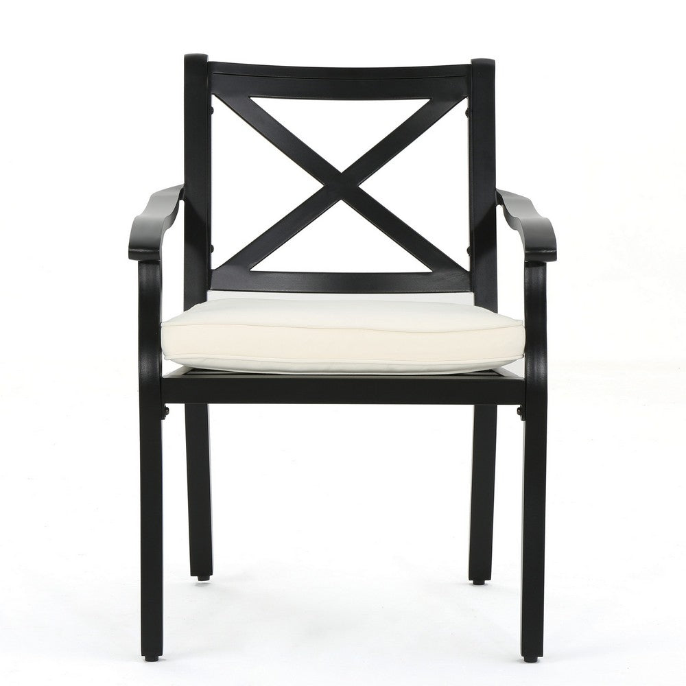 Benjara Weny Outdoor Patio Accent Armchair Set of 2, Ivory Cushioned, Black