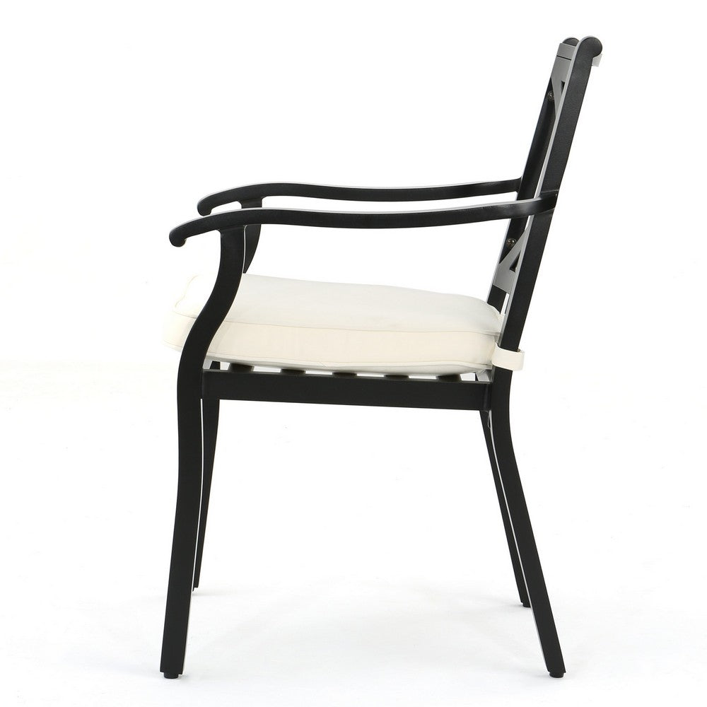 Benjara Weny Outdoor Patio Accent Armchair Set of 2, Ivory Cushioned, Black
