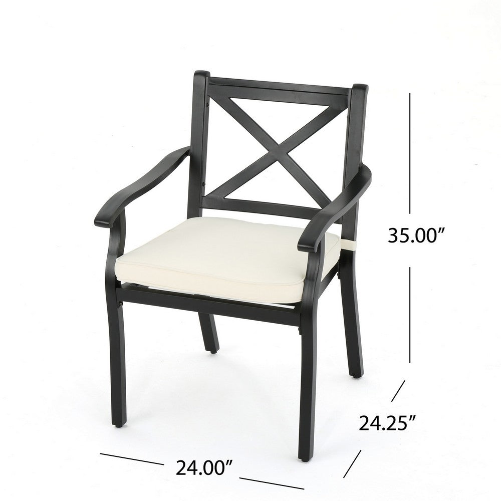 Benjara Weny Outdoor Patio Accent Armchair Set of 2, Ivory Cushioned, Black