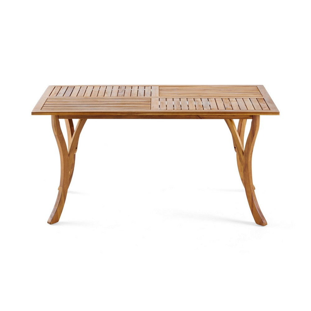 Benjara Olen Outdoor Dining Table, Slatted Rectangular 59 Inch, Brown Wood