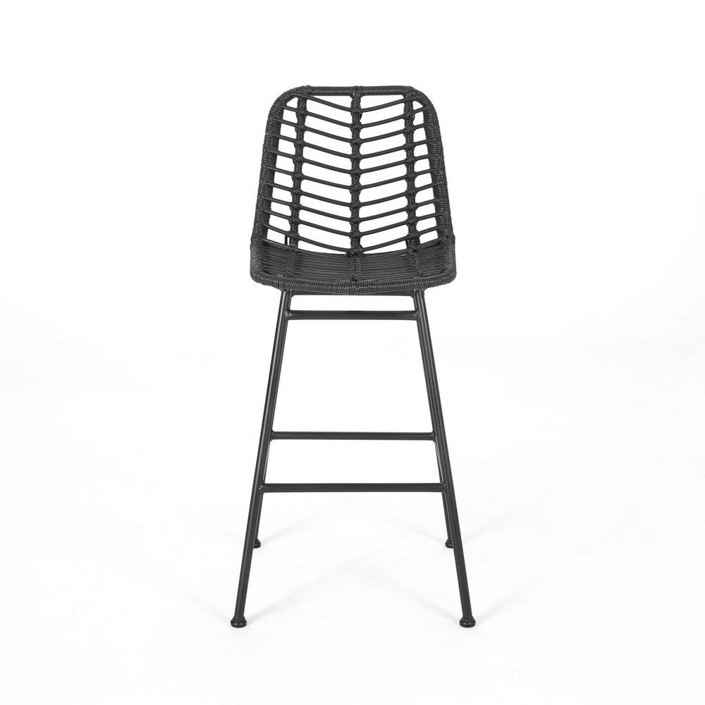 Benjara Barstool, Set of 2, Ratten, Grey, Knitted With Wire