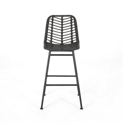 Benjara Barstool, Set of 2, Ratten, Grey, Knitted With Wire