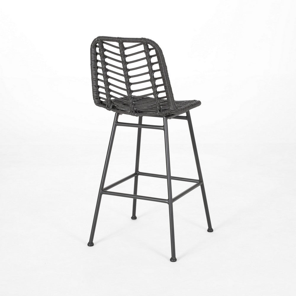 Benjara Barstool, Set of 2, Ratten, Grey, Knitted With Wire