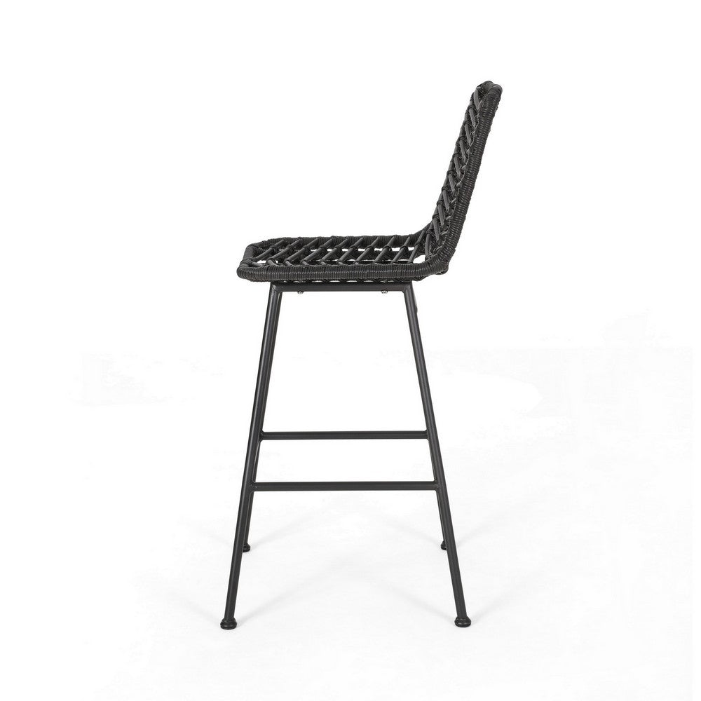 Benjara Barstool, Set of 2, Ratten, Grey, Knitted With Wire