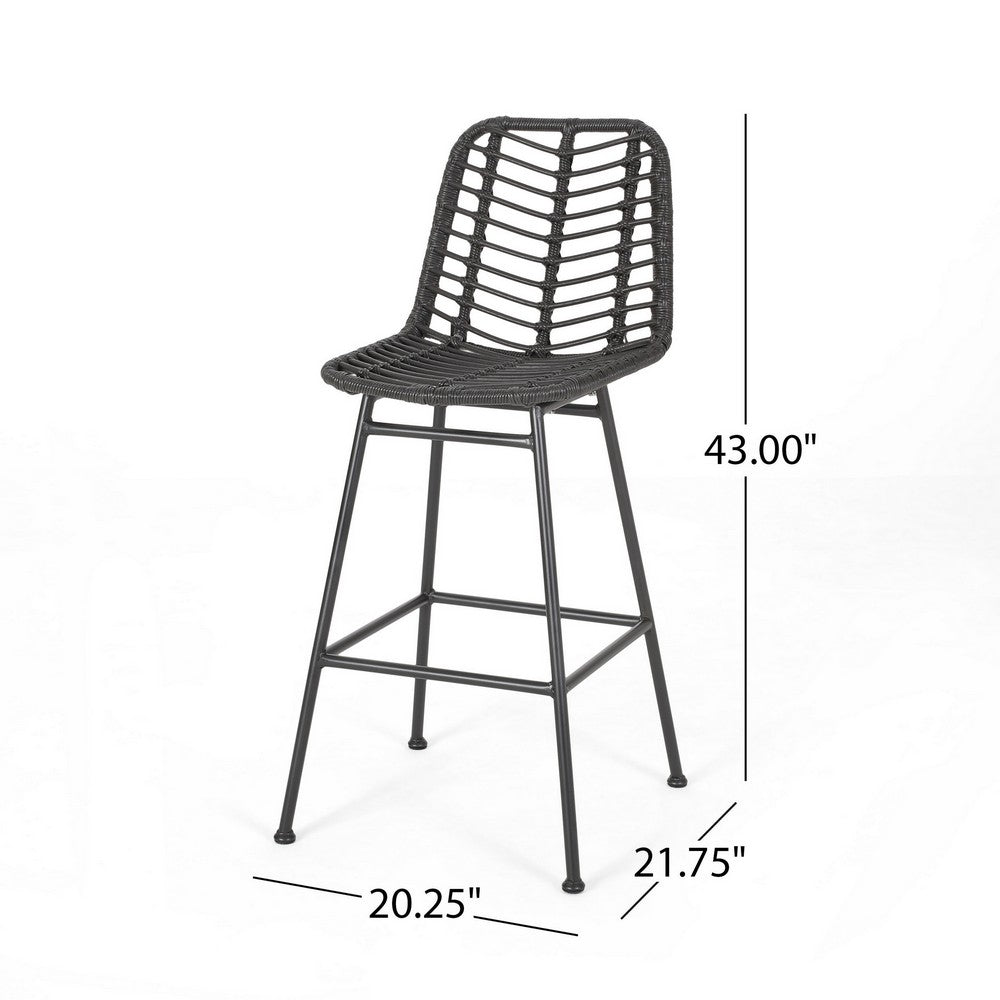 Benjara Barstool, Set of 2, Ratten, Grey, Knitted With Wire