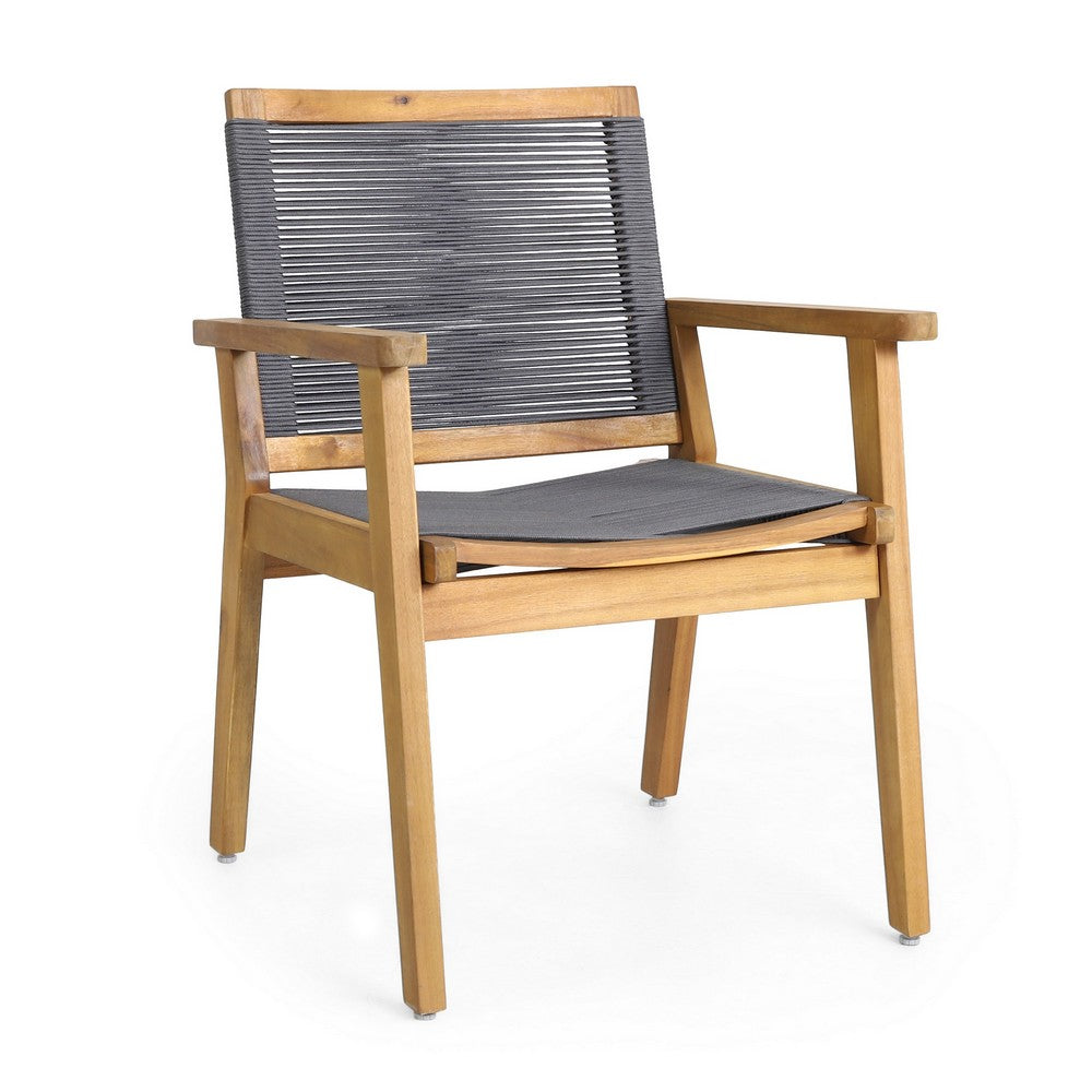 Benjara Outdoor Dining Chair Set of 2, 35 Inch Gray Woven, Brown Acacia Wood