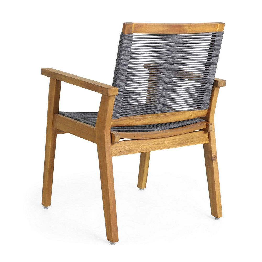 Benjara Outdoor Dining Chair Set of 2, 35 Inch Gray Woven, Brown Acacia Wood