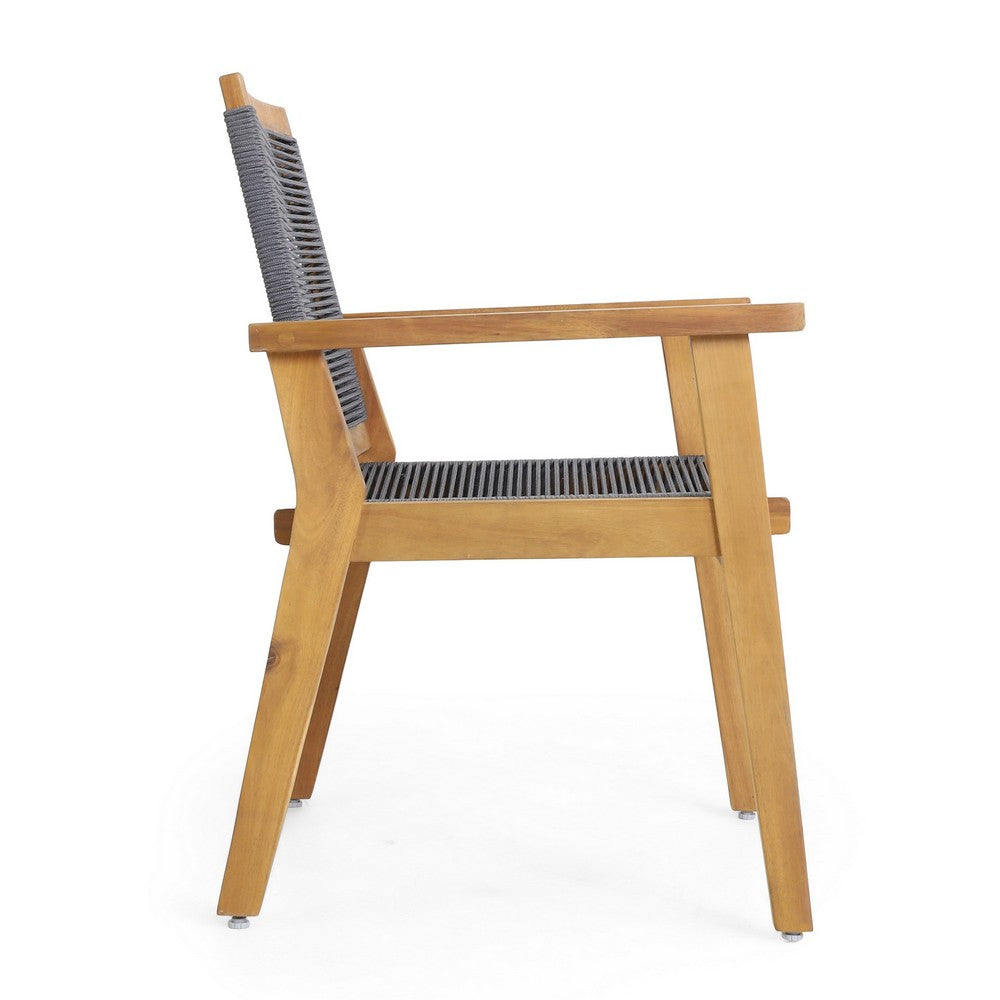 Benjara Outdoor Dining Chair Set of 2, 35 Inch Gray Woven, Brown Acacia Wood