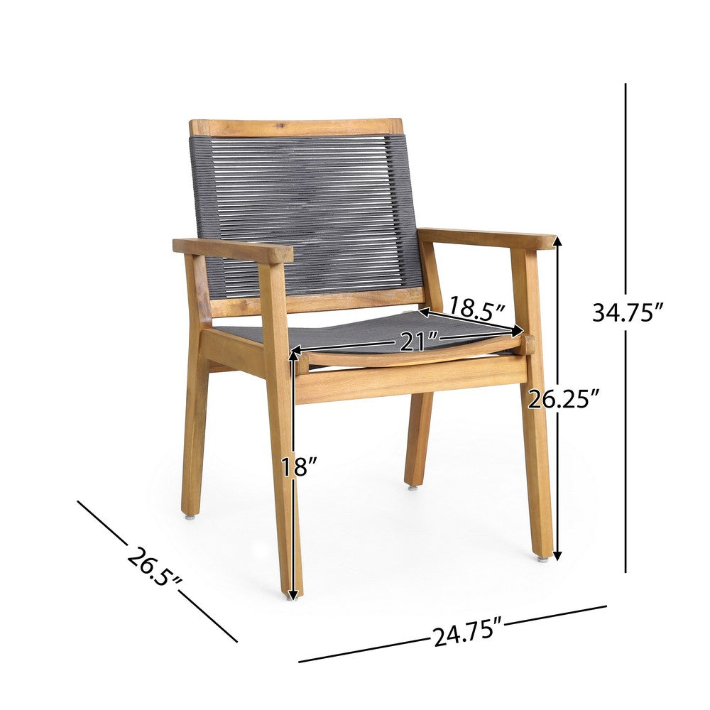 Benjara Outdoor Dining Chair Set of 2, 35 Inch Gray Woven, Brown Acacia Wood