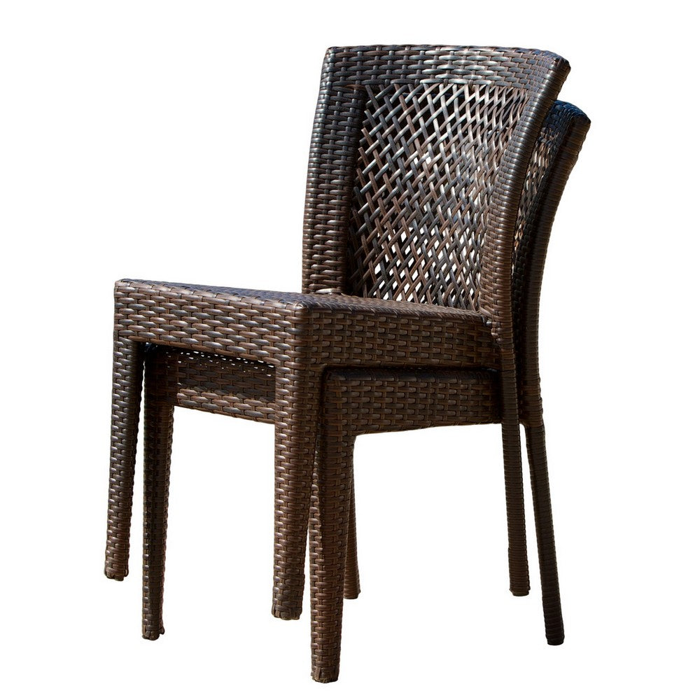 Benjara Outdoor Stackable Set of 2 Dining Chairs, 21 Inch Dark Brown PE Rattan Woven