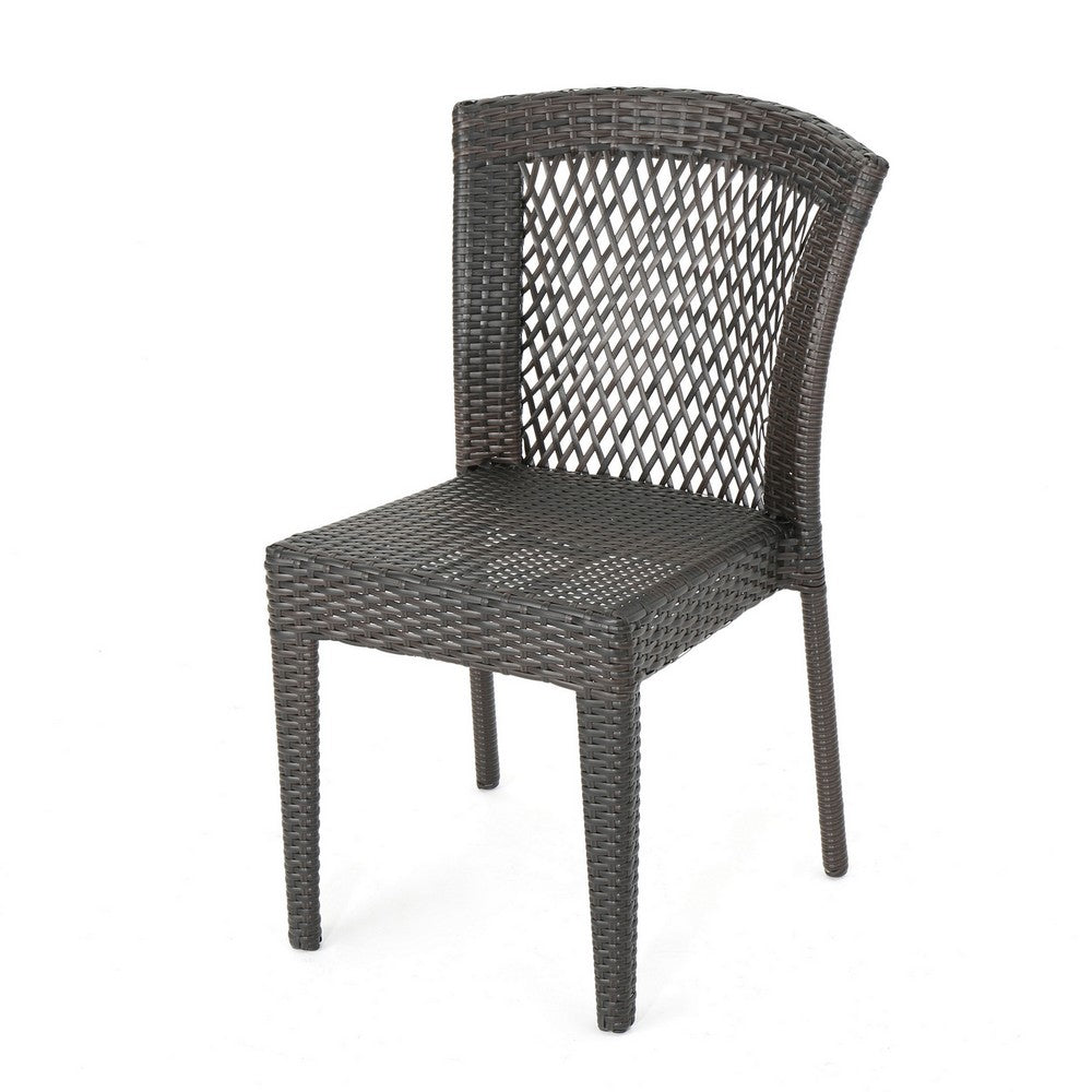 Benjara Outdoor Stackable Set of 2 Dining Chairs, 21 Inch Dark Brown PE Rattan Woven