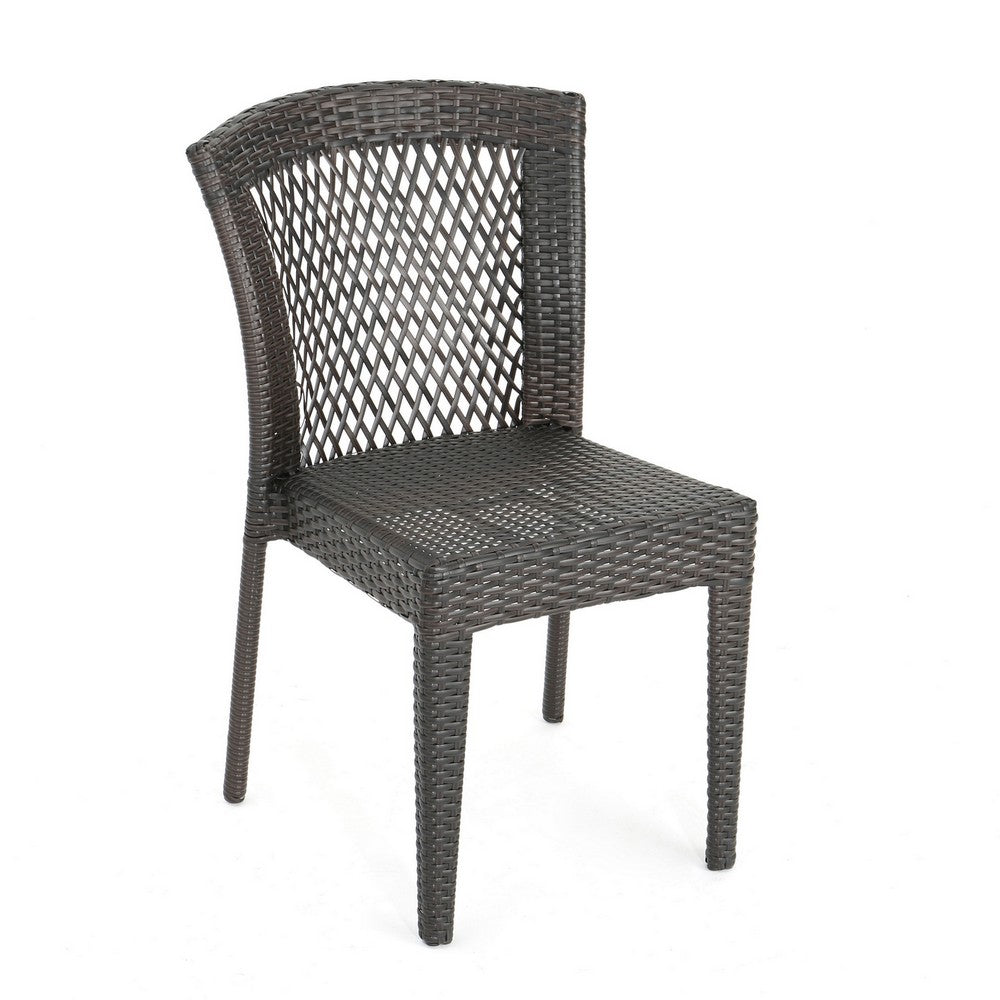 Benjara Outdoor Stackable Set of 2 Dining Chairs, 21 Inch Dark Brown PE Rattan Woven