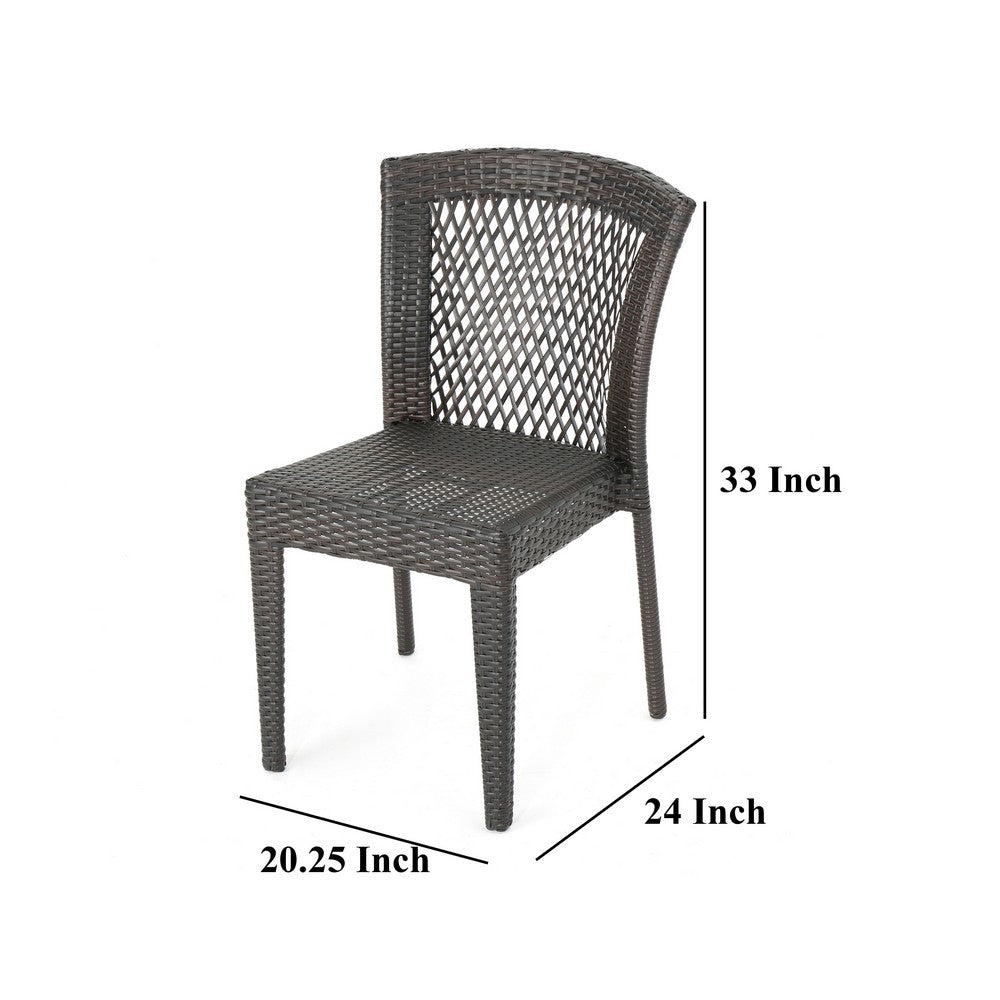 Benjara Outdoor Stackable Set of 2 Dining Chairs, 21 Inch Dark Brown PE Rattan Woven