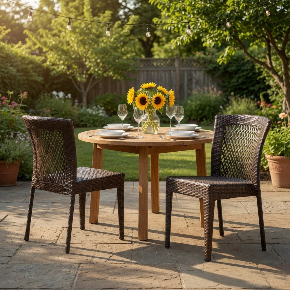 Benjara Outdoor Stackable Set of 2 Dining Chairs, 21 Inch Dark Brown PE Rattan Woven