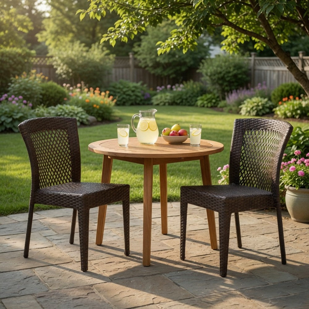 Benjara Outdoor Stackable Set of 2 Dining Chairs, 21 Inch Dark Brown PE Rattan Woven