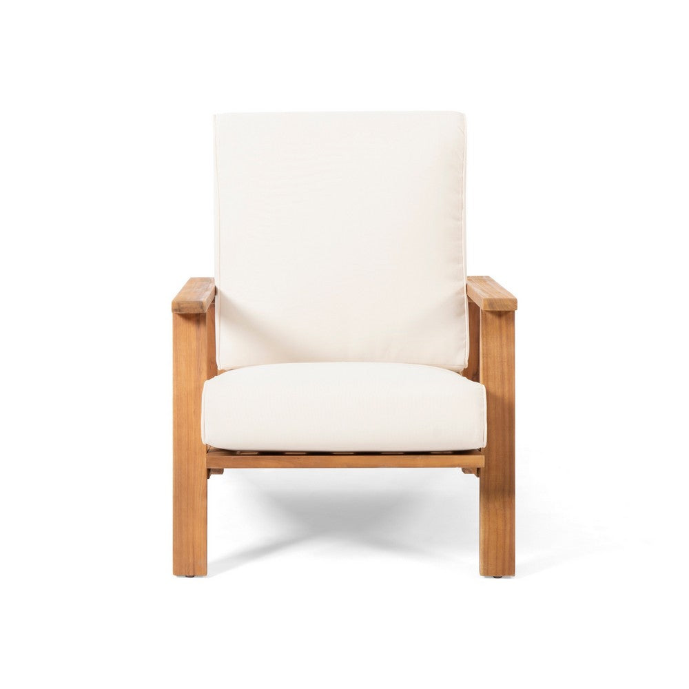 Benjara Outdoor Accent Chair, Beige Fabric Cushions, 39 Inch Brown Acacia Wood