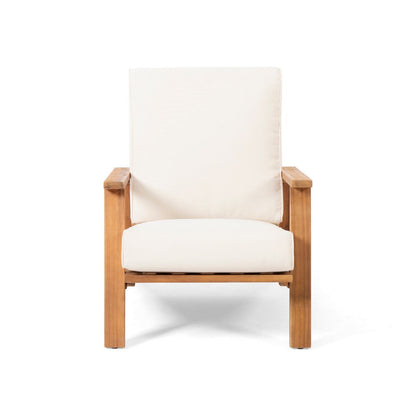 Benjara Outdoor Accent Chair, Beige Fabric Cushions, 39 Inch Brown Acacia Wood
