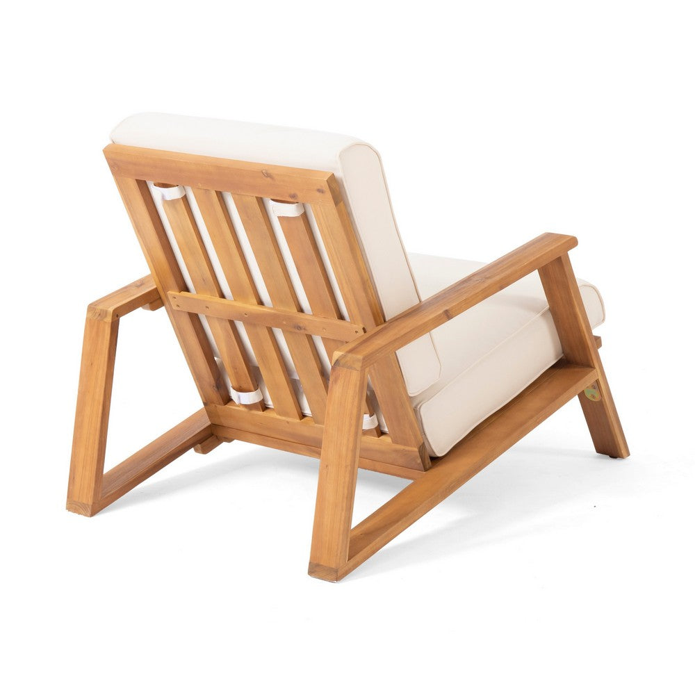 Benjara Outdoor Accent Chair, Beige Fabric Cushions, 39 Inch Brown Acacia Wood