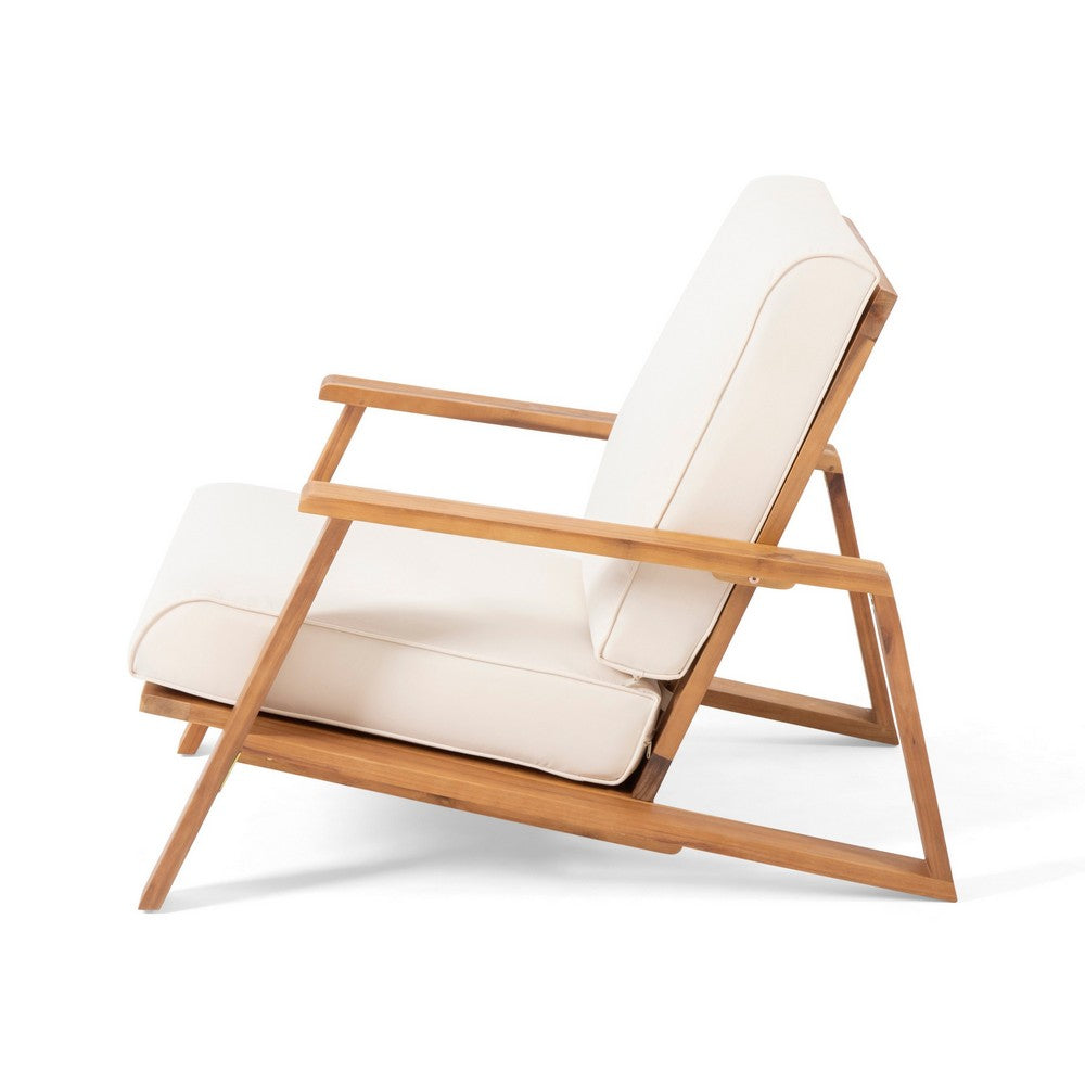 Benjara Outdoor Accent Chair, Beige Fabric Cushions, 39 Inch Brown Acacia Wood