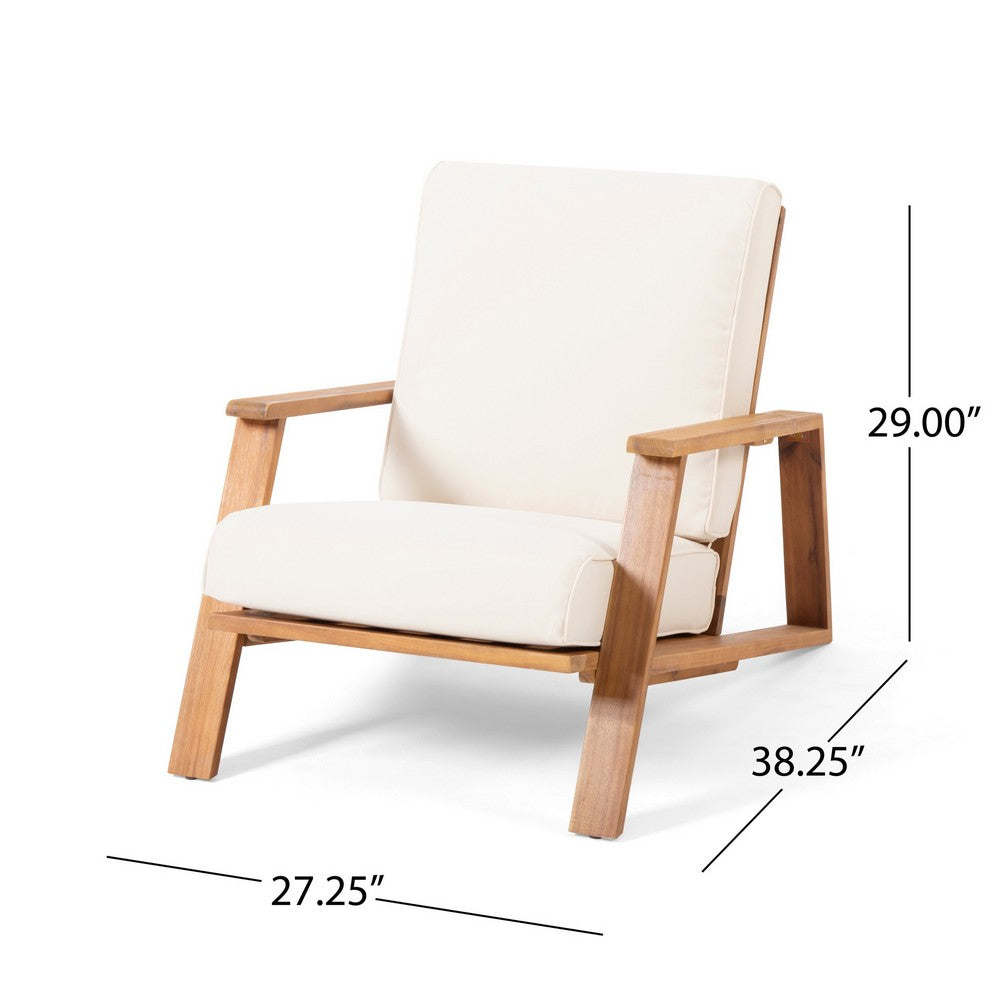 Benjara Outdoor Accent Chair, Beige Fabric Cushions, 39 Inch Brown Acacia Wood