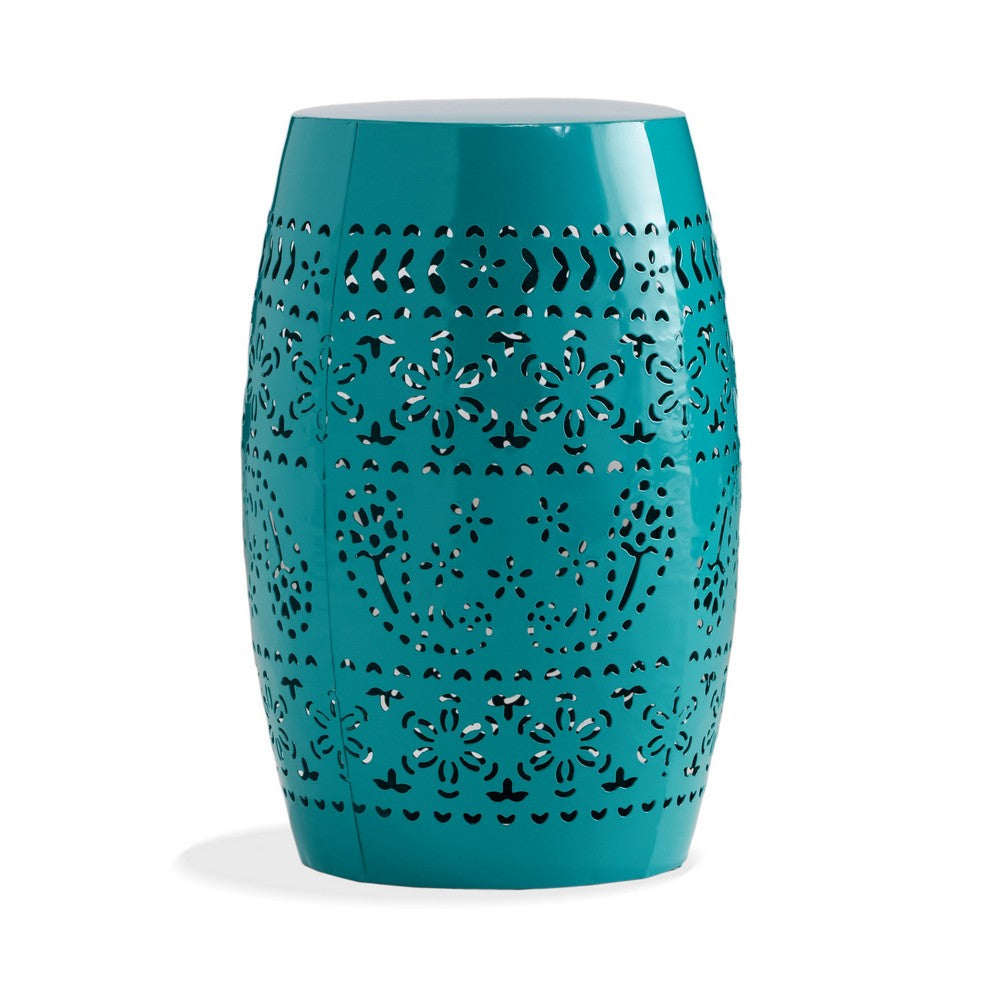 Benjara Outdoor Garden Stool Side Table, Lace-Cut 12 Inch Top, Teal Iron