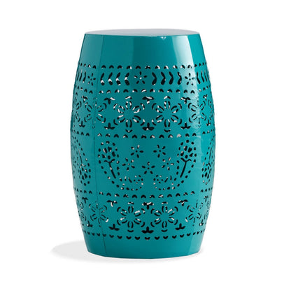Benjara Outdoor Garden Stool Side Table, Lace-Cut 12 Inch Top, Teal Iron