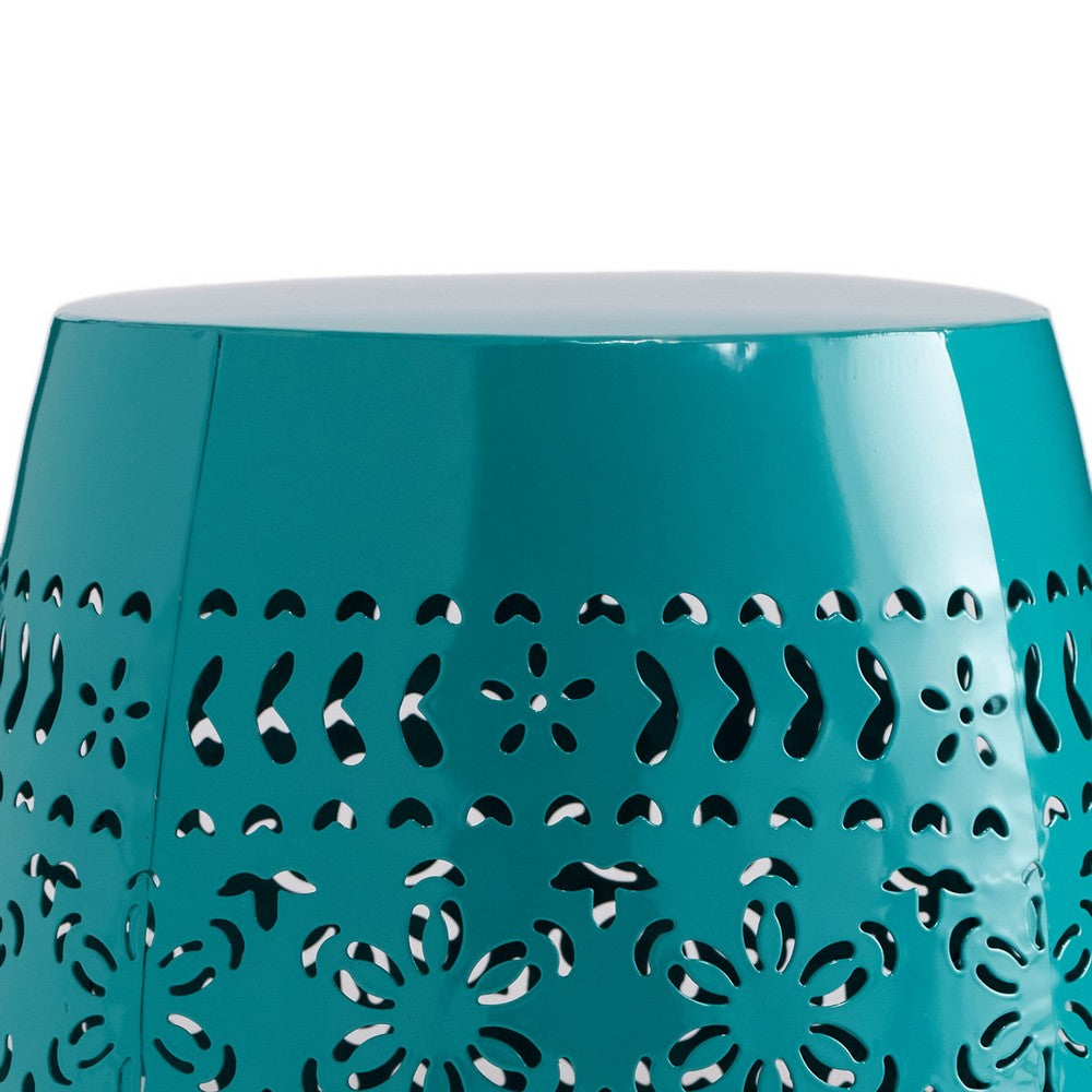 Benjara Outdoor Garden Stool Side Table, Lace-Cut 12 Inch Top, Teal Iron