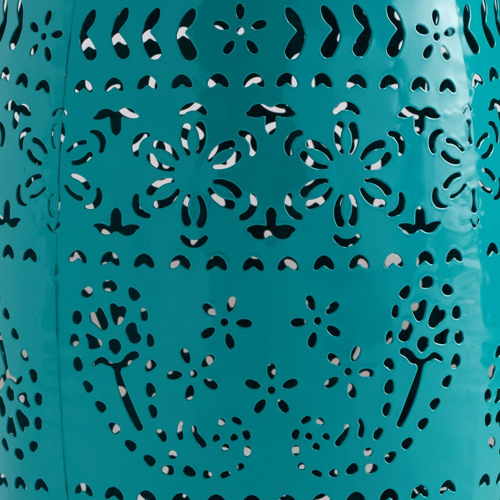Benjara Outdoor Garden Stool Side Table, Lace-Cut 12 Inch Top, Teal Iron