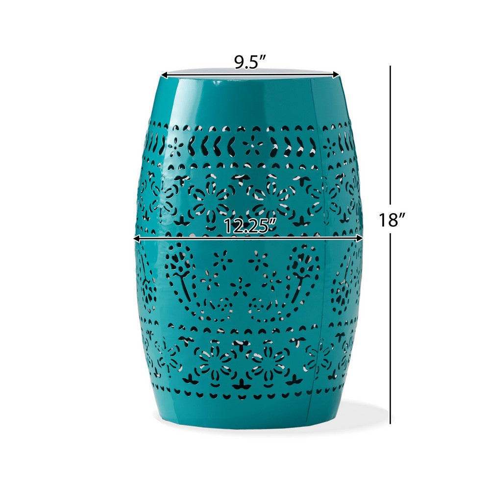 Benjara Outdoor Garden Stool Side Table, Lace-Cut 12 Inch Top, Teal Iron