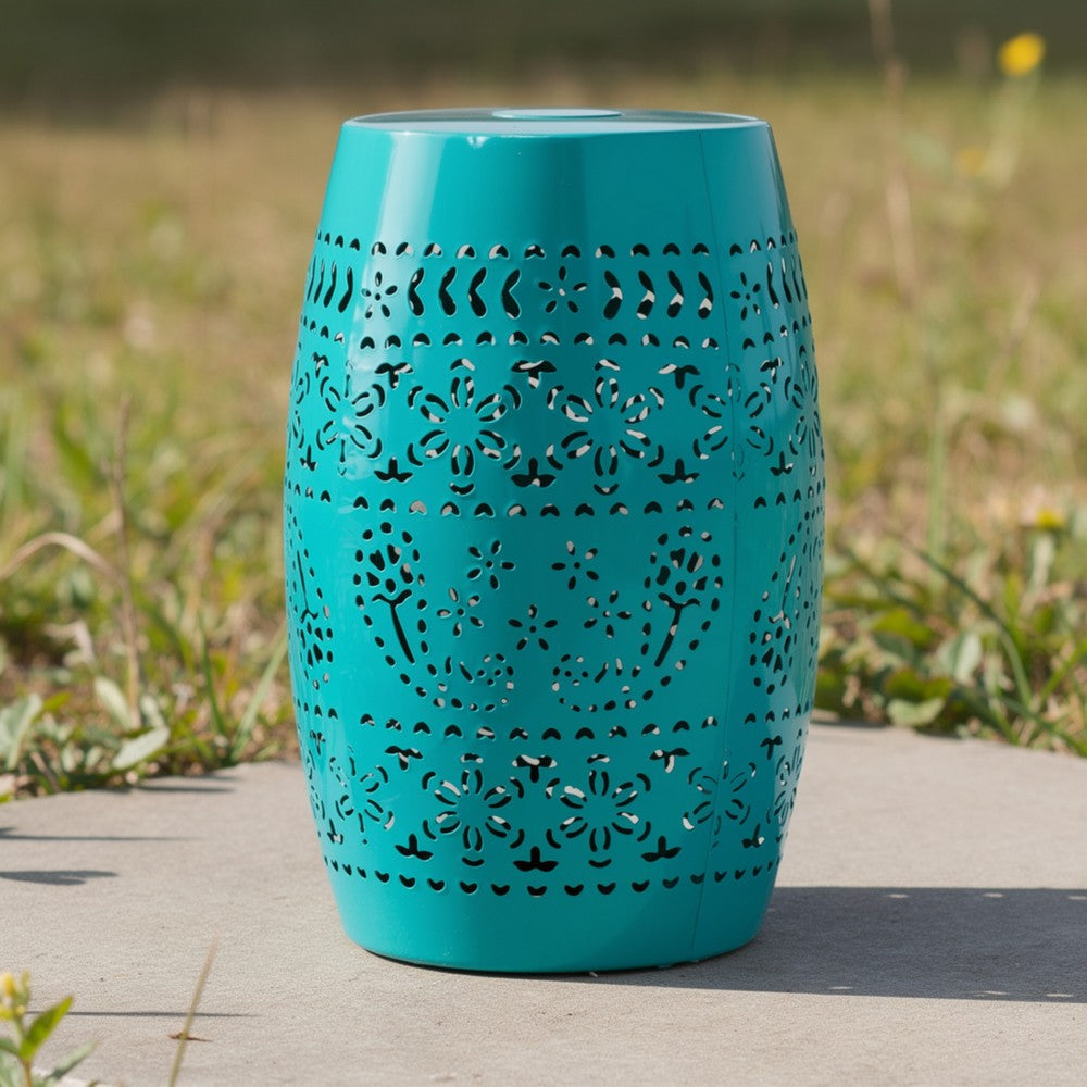 Benjara Outdoor Garden Stool Side Table, Lace-Cut 12 Inch Top, Teal Iron