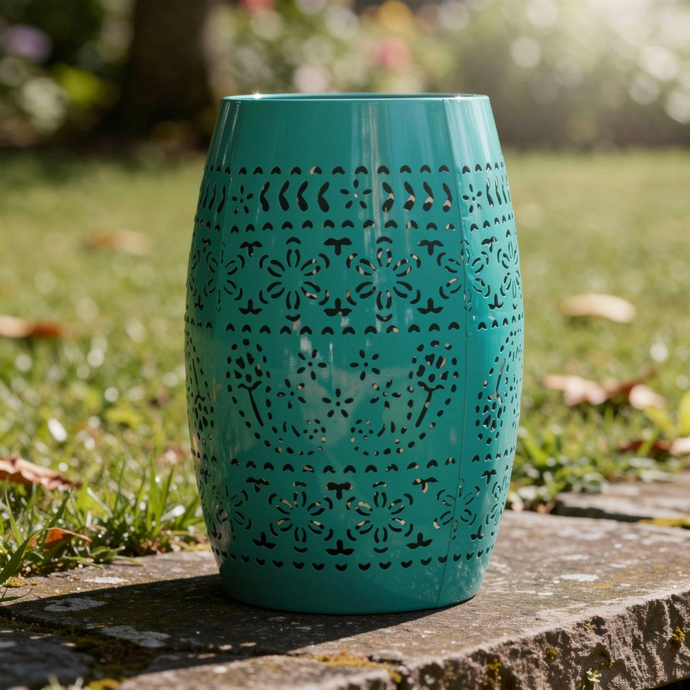 Benjara Outdoor Garden Stool Side Table, Lace-Cut 12 Inch Top, Teal Iron