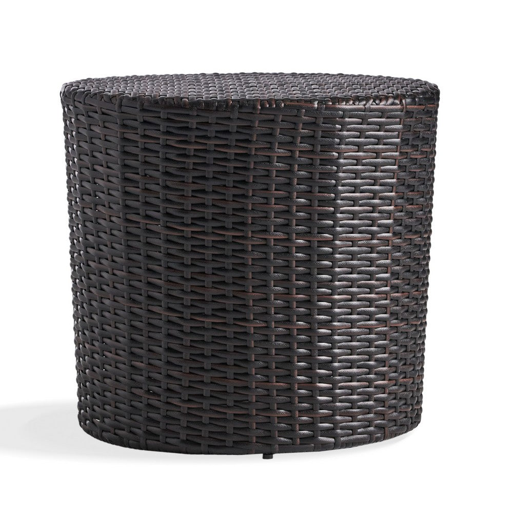 Benjara Olum Outdoor End Table, Barrel Shaped Wicker, 18 Inch Brown PE Rattan