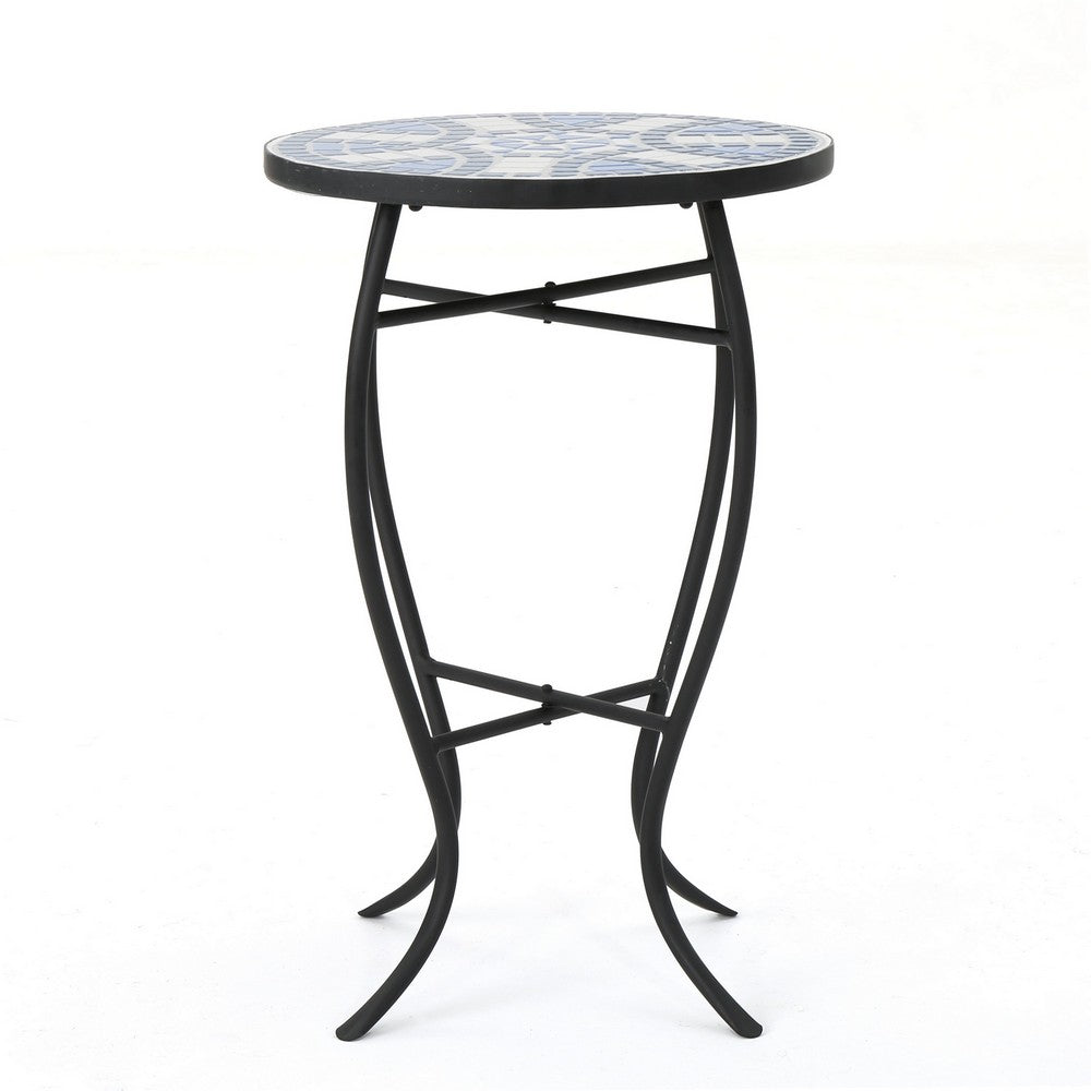 Benjara Outdoor Side End Table, 14 Inch Round Blue, White Mosaic Ceramic Top