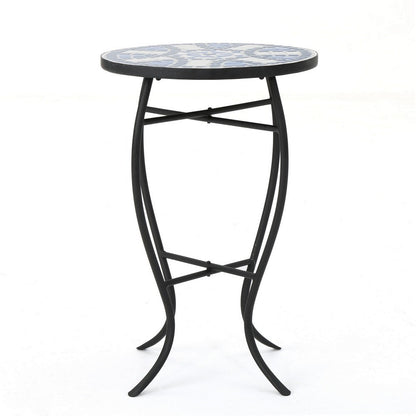 Benjara Outdoor Side End Table, 14 Inch Round Blue, White Mosaic Ceramic Top