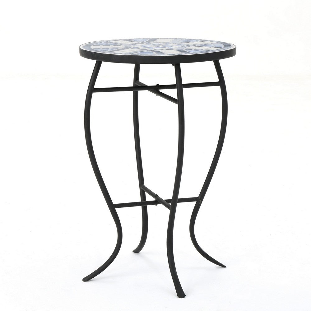 Benjara Outdoor Side End Table, 14 Inch Round Blue, White Mosaic Ceramic Top