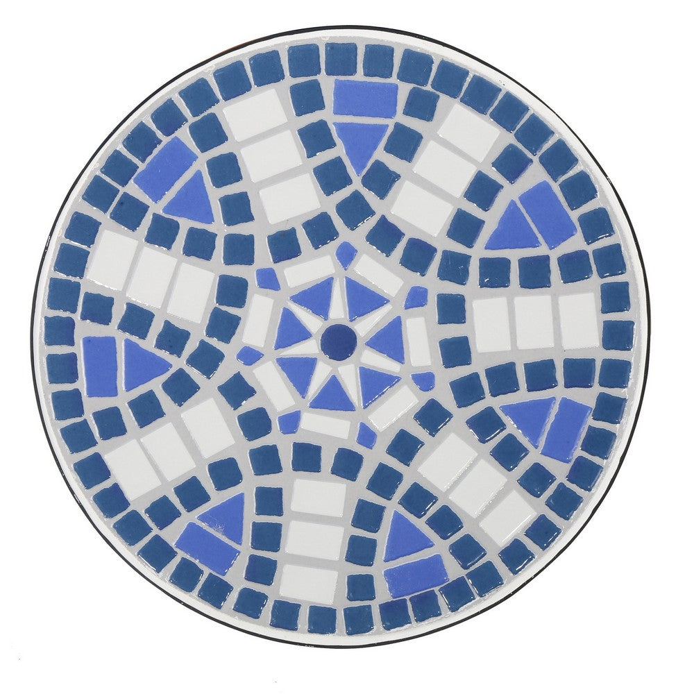Benjara Outdoor Side End Table, 14 Inch Round Blue, White Mosaic Ceramic Top