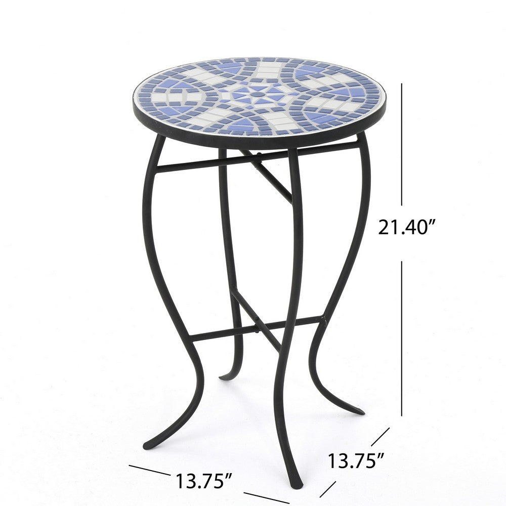 Benjara Outdoor Side End Table, 14 Inch Round Blue, White Mosaic Ceramic Top