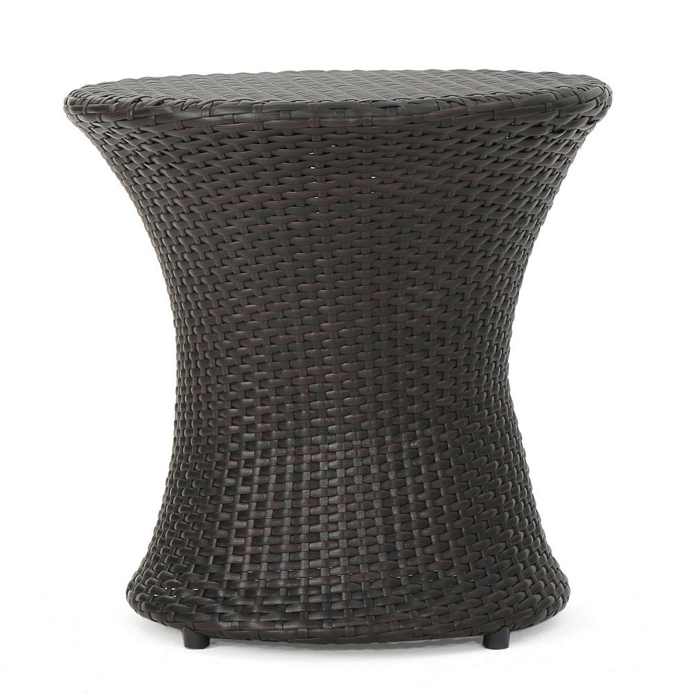 Benjara Loco Outdoor Side Table, Hourglass Shape 20 Inch Brown Rattan Wicker