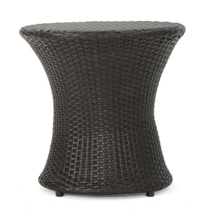 Benjara Loco Outdoor Side Table, Hourglass Shape 20 Inch Brown Rattan Wicker
