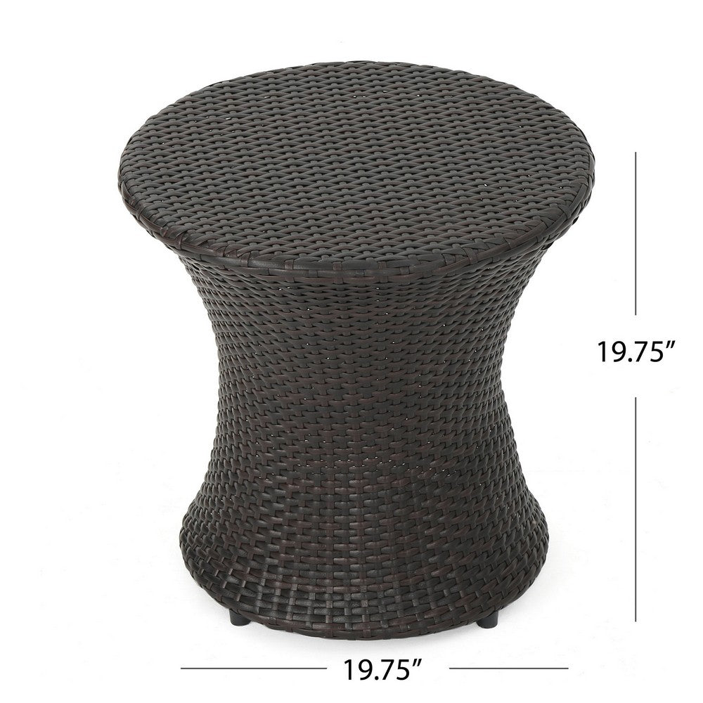 Benjara Loco Outdoor Side Table, Hourglass Shape 20 Inch Brown Rattan Wicker