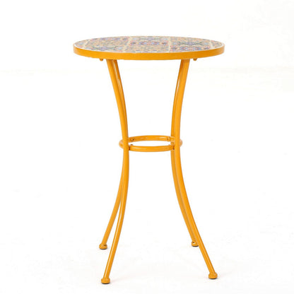 Benjara Outdoor Side End Table, 14 Inch Round Yellow Ceramic Tile, Orange Iron