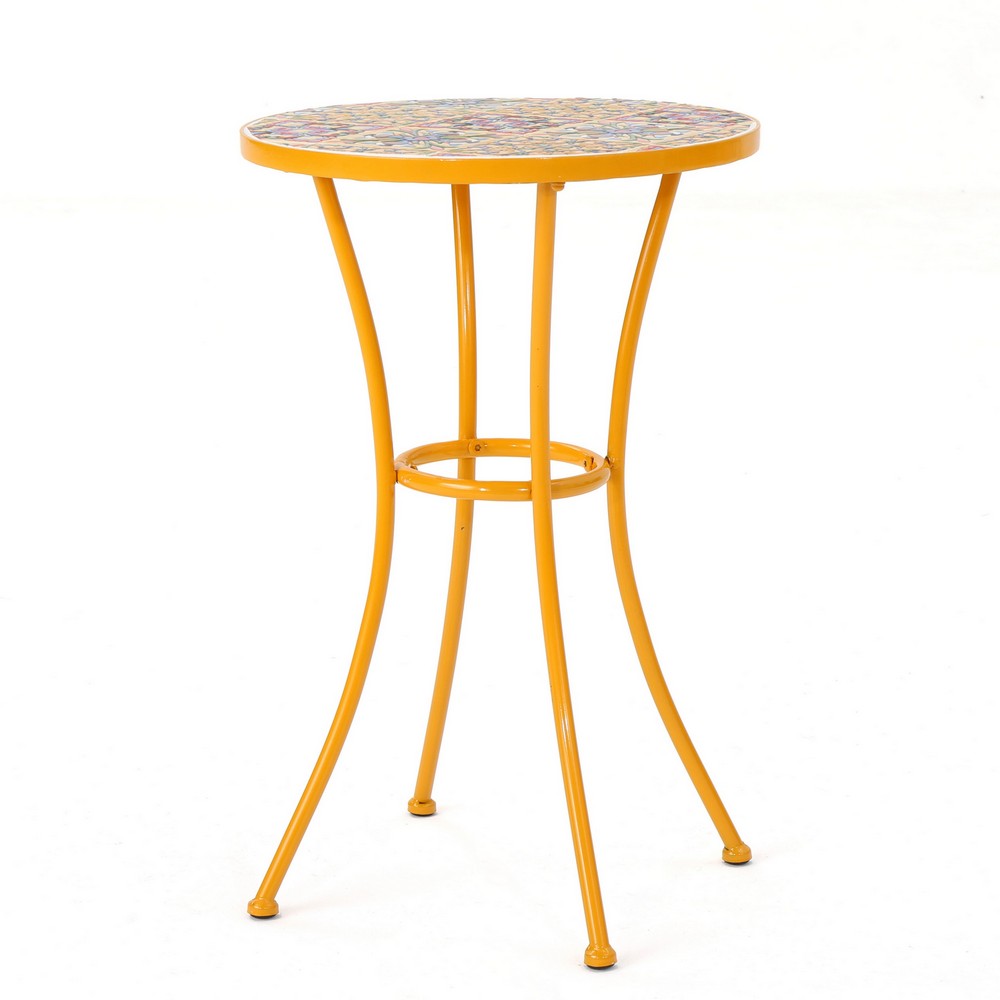Benjara Outdoor Side End Table, 14 Inch Round Yellow Ceramic Tile, Orange Iron