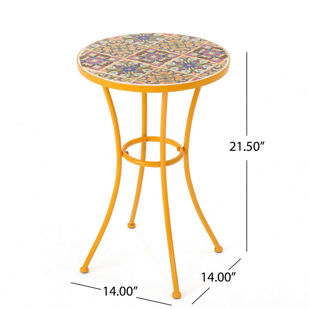 Benjara Outdoor Side End Table, 14 Inch Round Yellow Ceramic Tile, Orange Iron