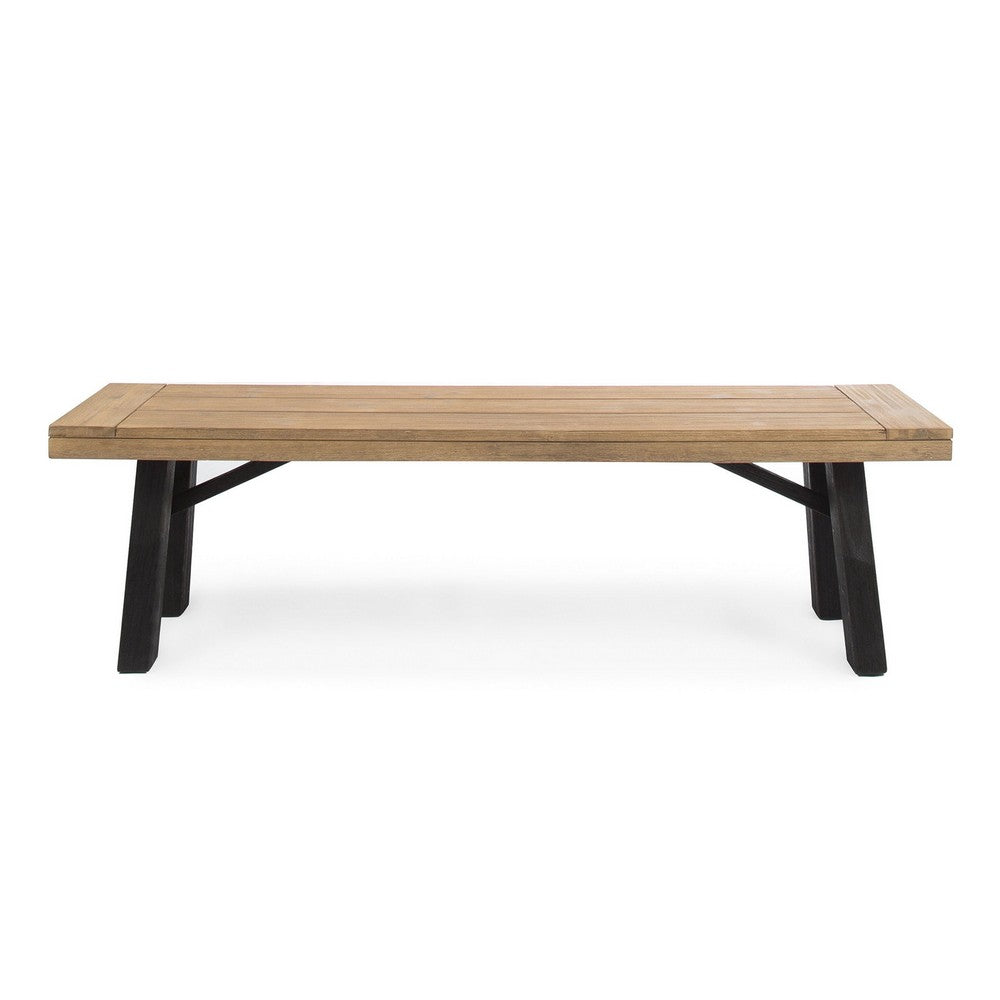 Benjara Wren Outdoor Bench with Slatted Top, 63 Inch Brown Acacia Wood, Black