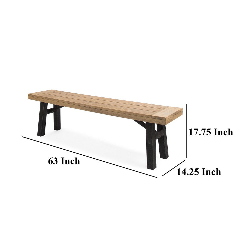 Benjara Wren Outdoor Bench with Slatted Top, 63 Inch Brown Acacia Wood, Black
