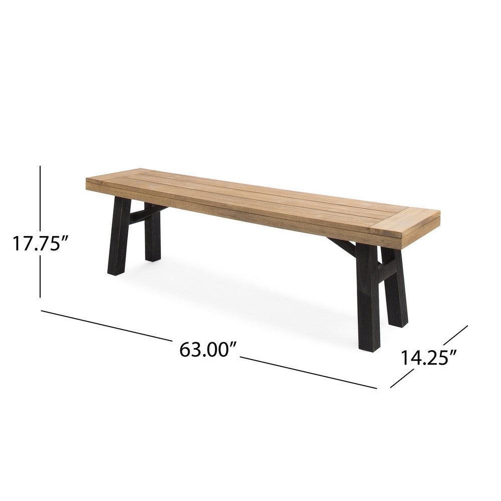 Benjara Wren Outdoor Bench with Slatted Top, 63 Inch Brown Acacia Wood, Black